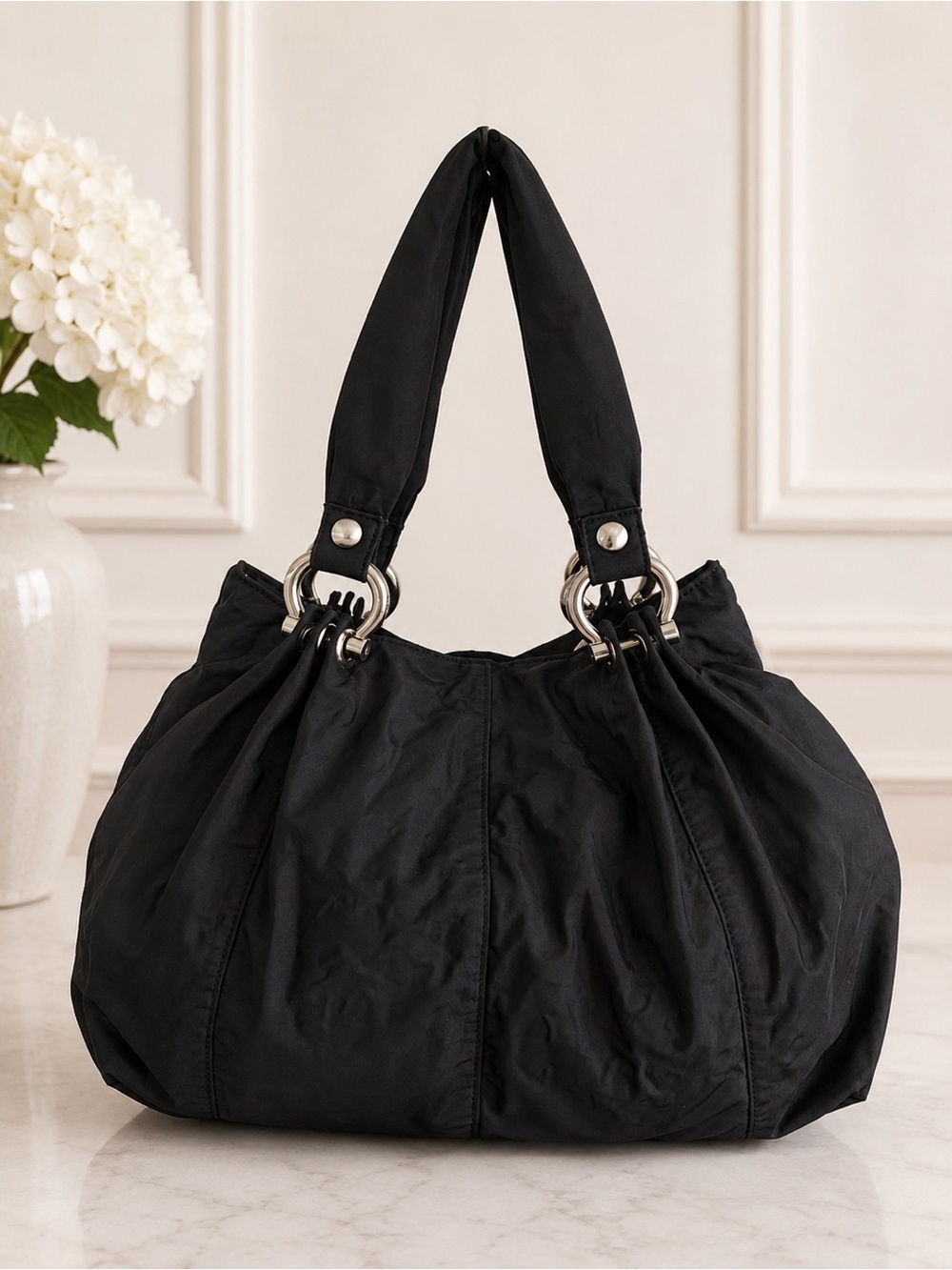 GAP Y2K Black Nylon Slouchy Hobo Shoulder Bag Silver Hardware